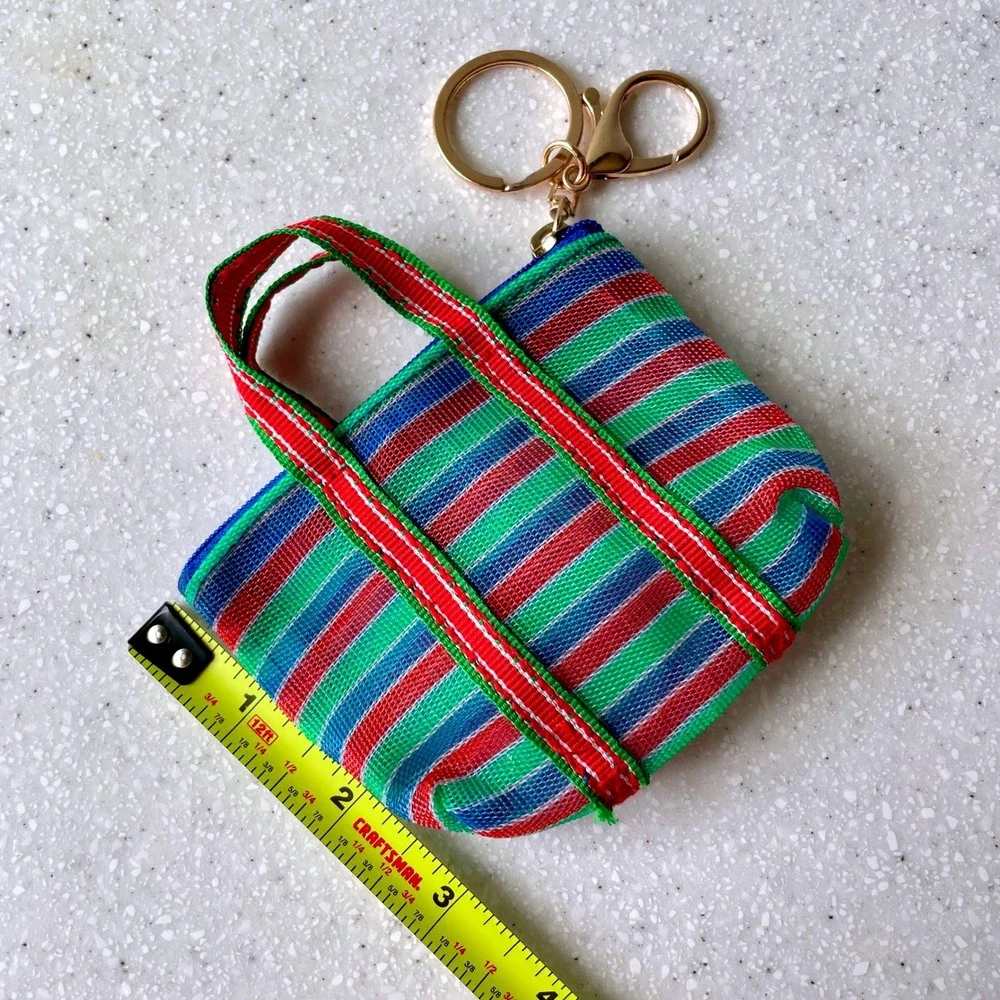 Mini Mesh Shopping Tote Bag Keychain Coin Purse Striped Multi Color Zipper Pouch